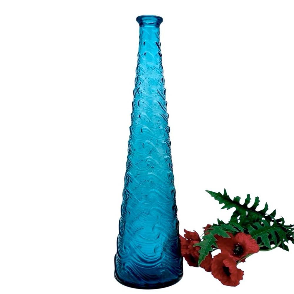Vintage Italian Empoli Art Glass Aqua Blue Wave Genie Bottle Vase MCM Italy